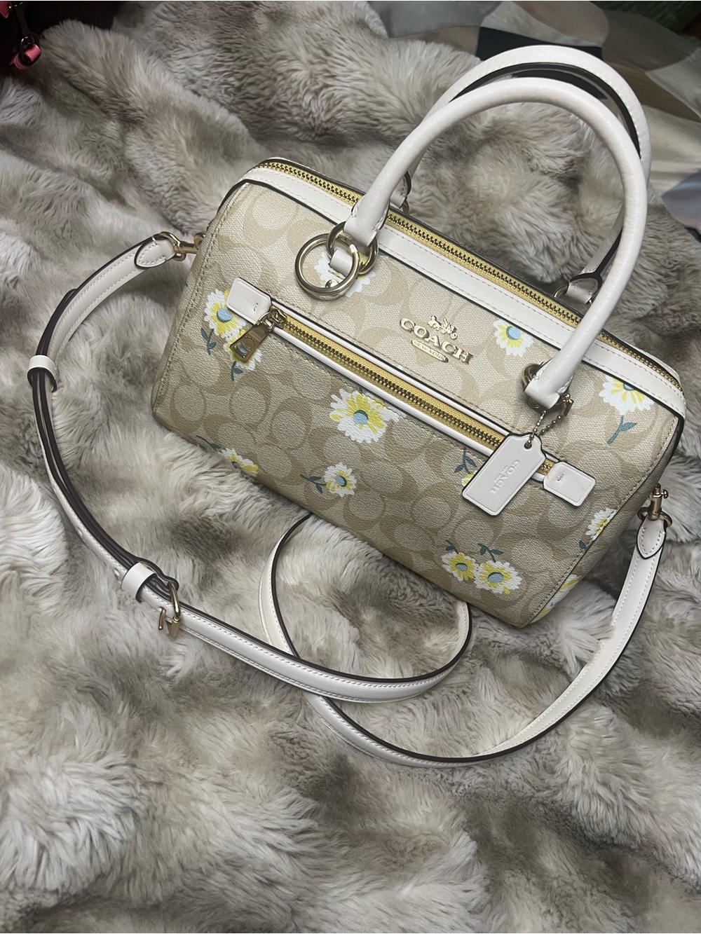 NWOT Coach Rowan Satchel in Sig Canvas w Daisy Print (Style #C2849) (MSRP $350)